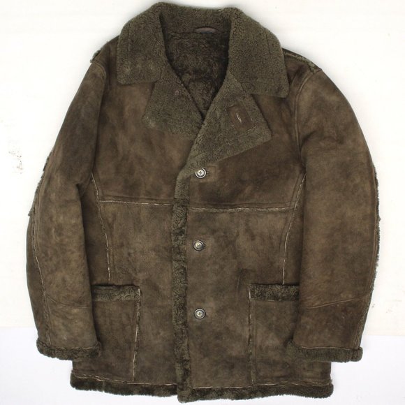 Structure Mens Shearling Coat L Earthy Moss Green Sheepskin Ranch Style Wool